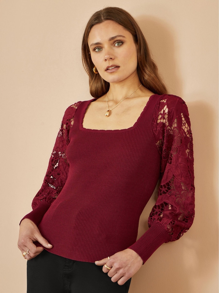 Yumi Red Ribbed Knitted Top With Lace Sleeves - Image 5 of 5 Yumi Red Ribbed Knitted Top With Lace Sleeves - Image 5 of 5
