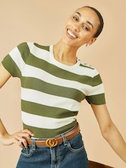 Yumi Green Block Stripe Knitted Top With Button Details - Image 1 of 1