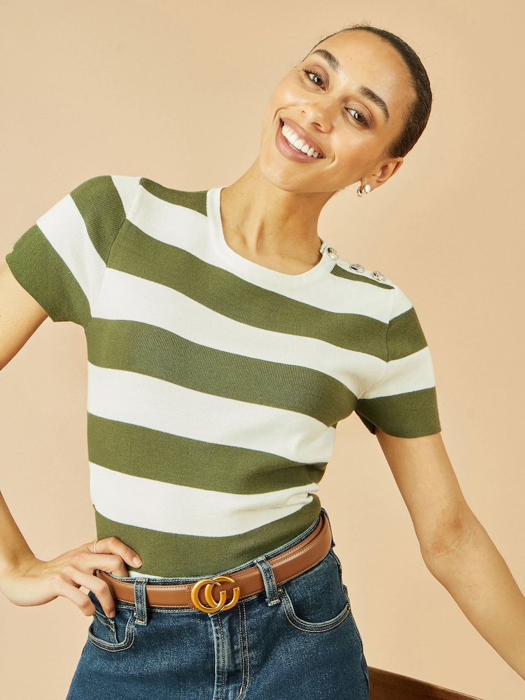 Yumi Green Block Stripe Knitted Top With Button Details - Image 1 of 1