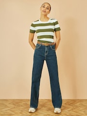 Yumi Green Block Stripe Knitted Top With Button Details - Image 2 of 4