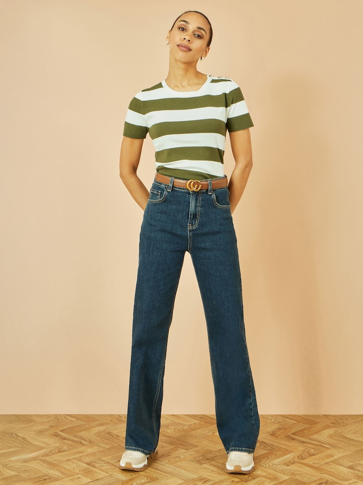 Yumi Green Block Stripe Knitted Top With Button Details - Image 2 of 4
