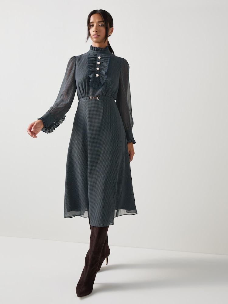 LK Bennett Blue Sadie Petite Houndstooth Print Georgette Dress - Image 2 of 4 LK Bennett Blue Sadie Petite Houndstooth Print Georgette Dress - Image 2 of 4