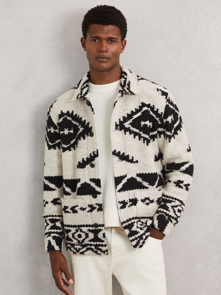 Reiss Off White/Black Gillmore Fair Isle Jacquard Overshirt with Wool - Image 1 of 6 Reiss Off White/Black Gillmore Fair Isle Jacquard Overshirt with Wool - Image 1 of 6
