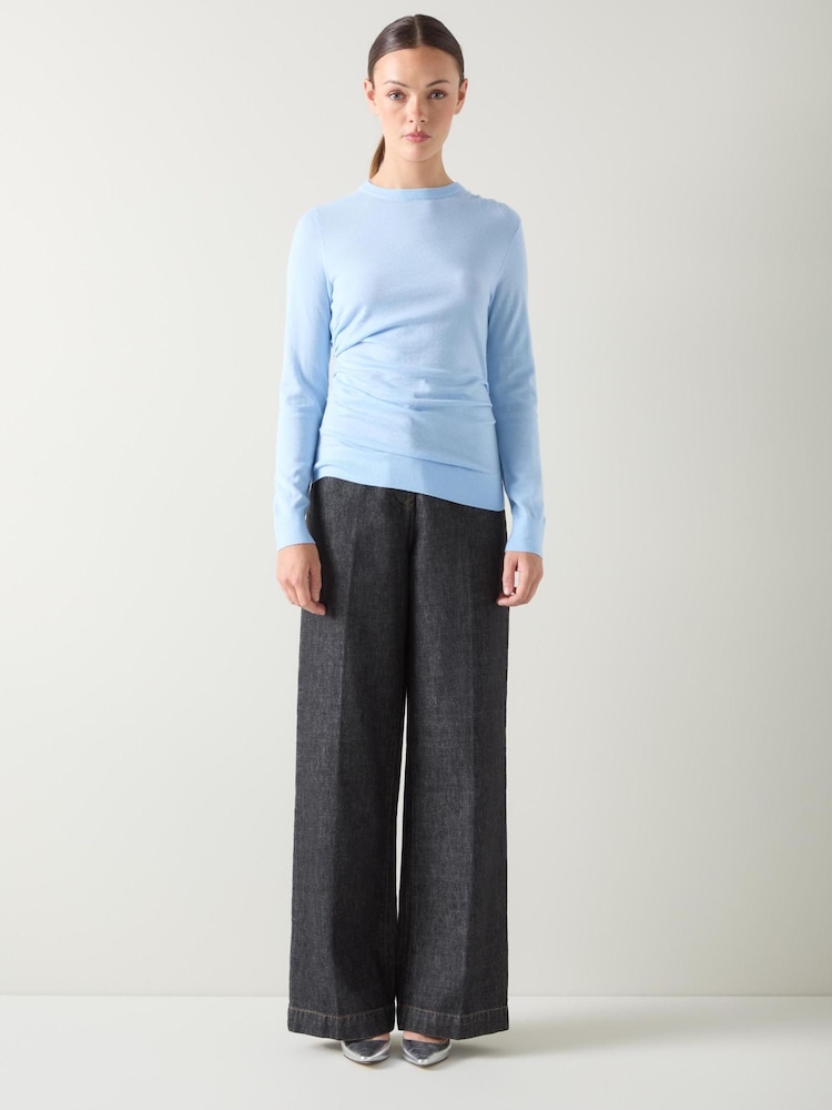 LK Bennett Blue Dora Plain Cotton Gathered Long Sleeve Top - Image 1 of 4 LK Bennett Blue Dora Plain Cotton Gathered Long Sleeve Top - Image 1 of 4