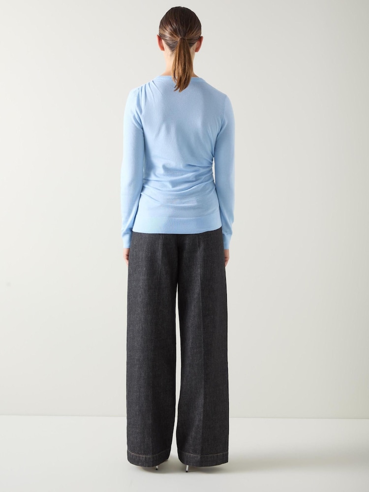 LK Bennett Blue Dora Plain Cotton Gathered Long Sleeve Top - Image 2 of 4 LK Bennett Blue Dora Plain Cotton Gathered Long Sleeve Top - Image 2 of 4