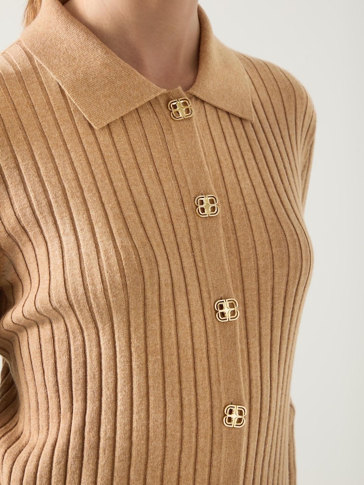 LK Bennett Brown Plain Cotton Rib Collar Cardigan - Image 4 of 4 LK Bennett Brown Plain Cotton Rib Collar Cardigan - Image 4 of 4