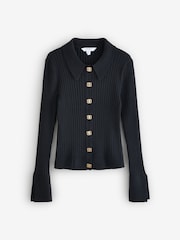 LK Bennett Black Plain Cotton Rib Collar Cardigan - Image 1 of 1