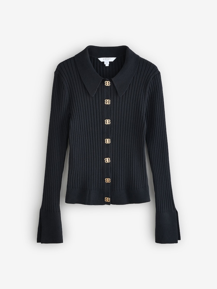 LK Bennett Black Plain Cotton Rib Collar Cardigan - Image 1 of 1