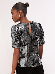 Lipsy Floral Silver Sequin Print Puff Sleeve T-Shirt - Image 4 of 4