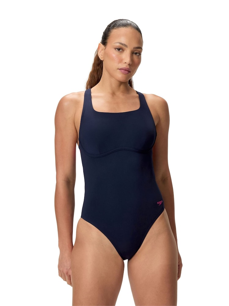 Speedo Blue Solid Flex Band One Piece Swimsuit - Image 1 of 6