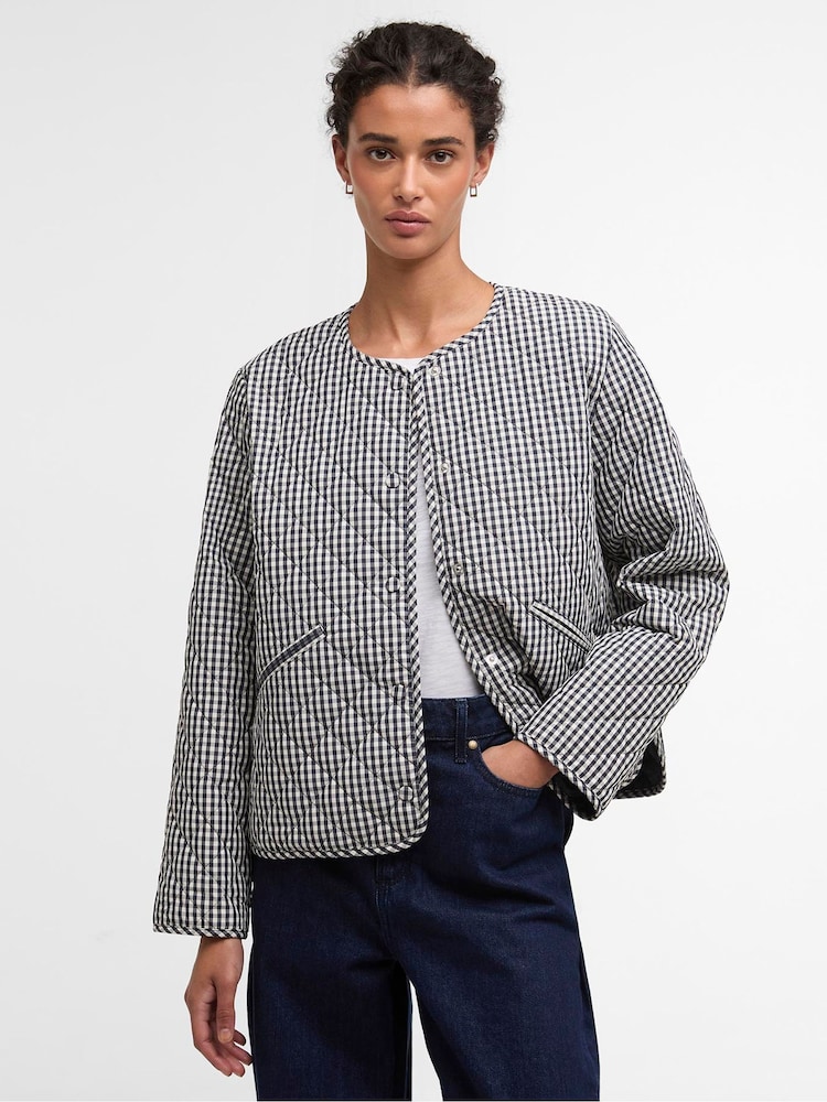 Barbour® Blue Cashel Check Collarless Quilted Jacket - Image 1 of 7
