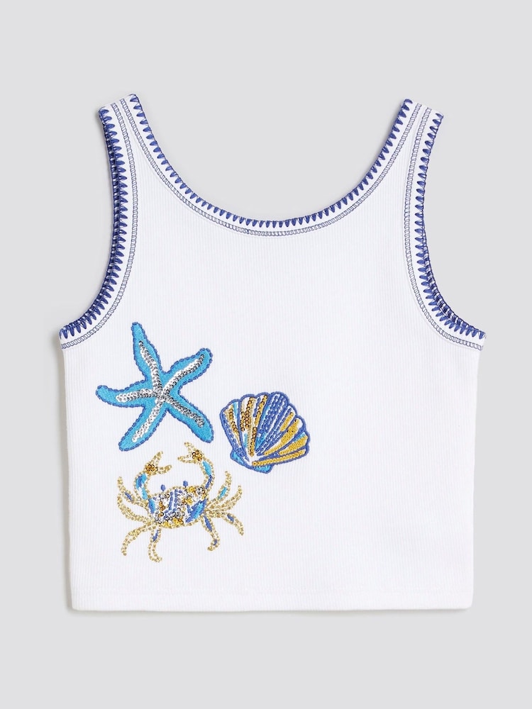 River Island White Girls Sequin Starfish Print Tank Top - Image 1 of 4