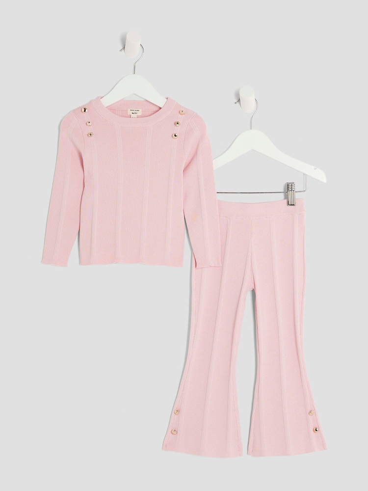 River Island Pink Girls Button Detail Flare Trousers Set - Image 1 of 5