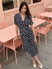 Baukjen Mini Navy Blue Lina Printed Midi Polka Dress - Image 1 of 5