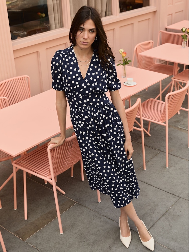 Baukjen Mini Navy Blue Lina Printed Midi Polka Dress - Image 1 of 5
