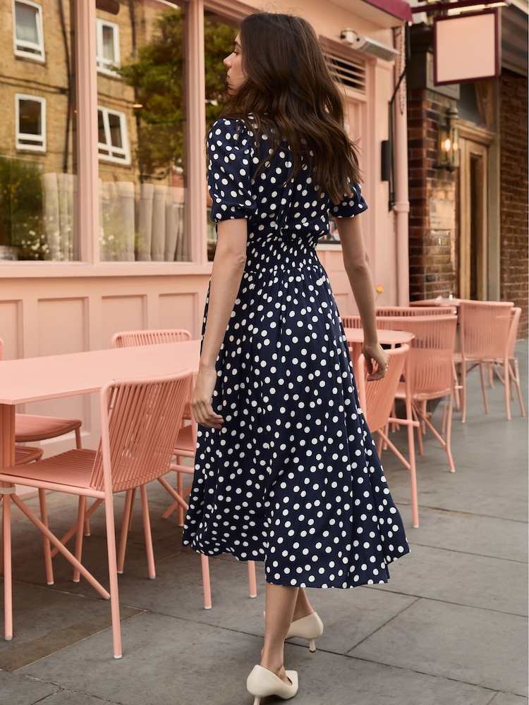Baukjen Mini Navy Blue Lina Printed Midi Polka Dress - Image 2 of 5