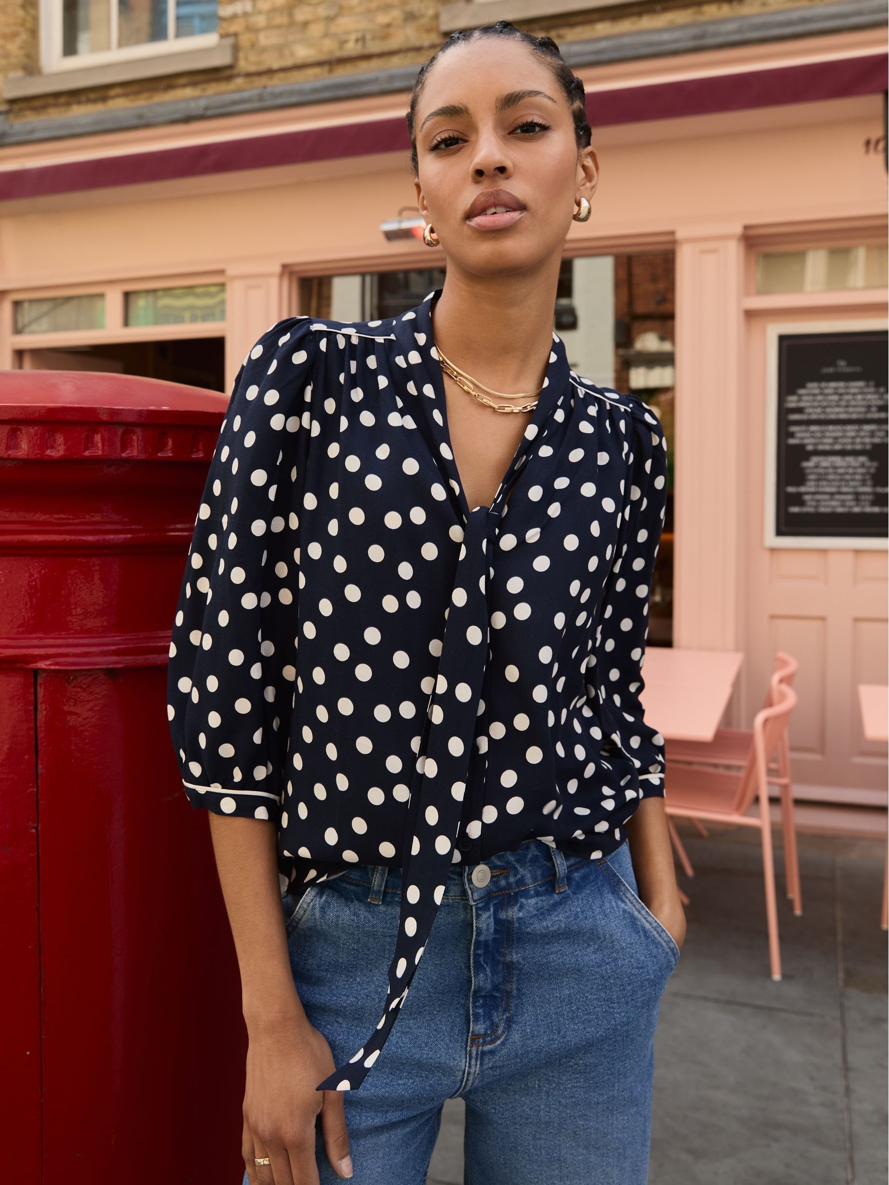Baukjen Mini Blue Amalie Printed Tie Neck Blouse Polka
