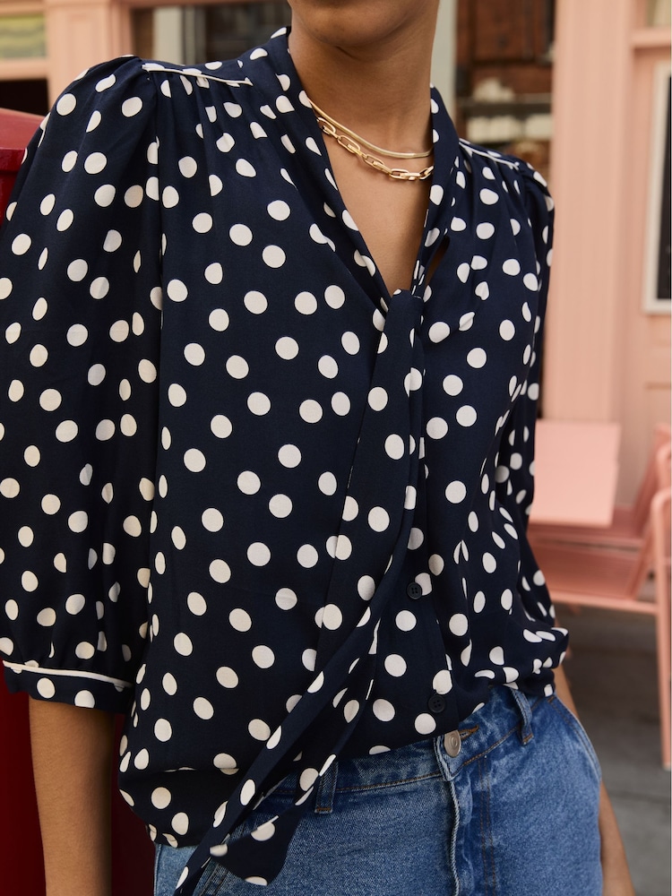 Baukjen Mini Blue Amalie Printed Tie Neck Blouse Polka - Image 2 of 5