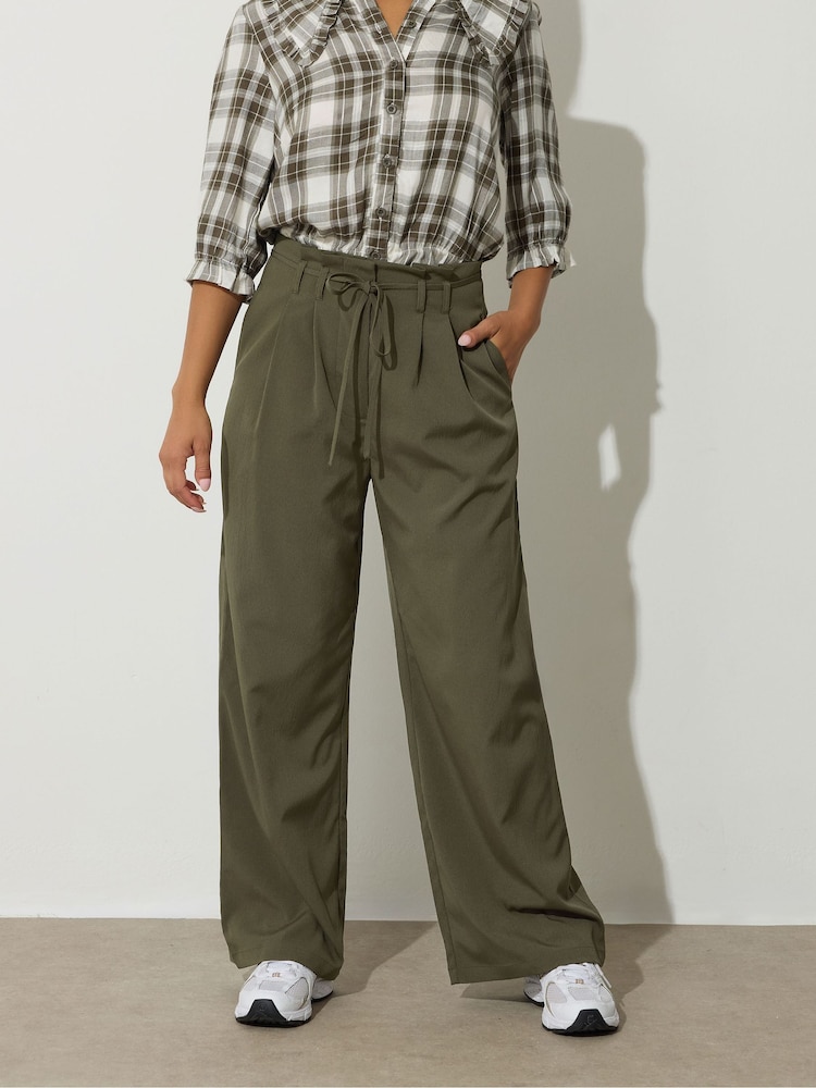 PixieGirl Petite Green Paper Bag Tie Wide Leg Trousers - Image 2 of 5 PixieGirl Petite Green Paper Bag Tie Wide Leg Trousers - Image 2 of 5