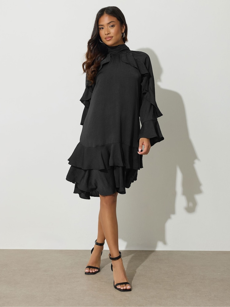 PixieGirl Petite Black Hammered Satin Frill Smock Dress - Image 2 of 6