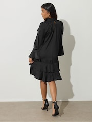 PixieGirl Petite Black Hammered Satin Frill Smock Dress - Image 4 of 6