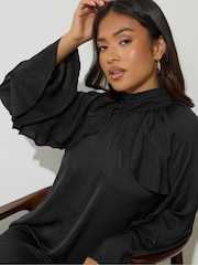 PixieGirl Petite Black Hammered Satin Frill Smock Dress - Image 5 of 6