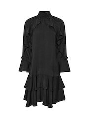 PixieGirl Petite Black Hammered Satin Frill Smock Dress - Image 6 of 6