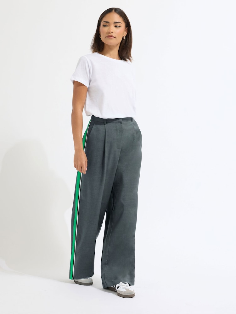 PixieGirl Petite Grey Side Stripe Wide Leg Trousers - Image 1 of 2