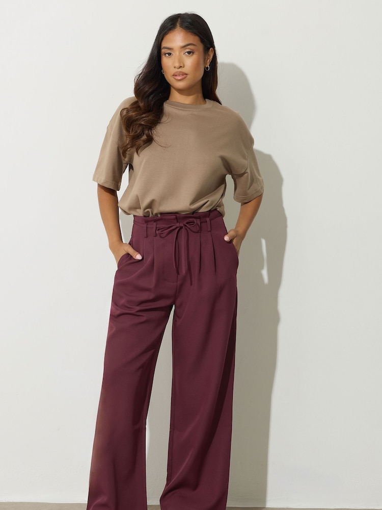 PixieGirl Petite Red Paper Bag Tie Wide Leg Trousers - Image 1 of 5 PixieGirl Petite Red Paper Bag Tie Wide Leg Trousers - Image 1 of 5