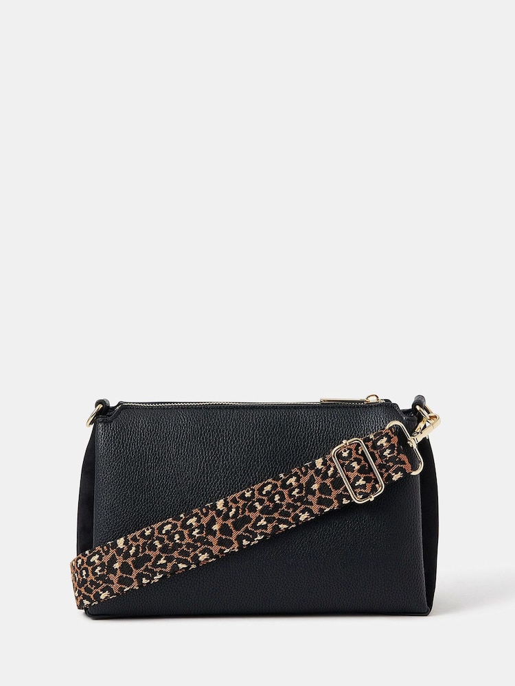 Accessorize Black Webbing Strap Suedette Cross-Body Bag - Image 1 of 4 Accessorize Black Webbing Strap Suedette Cross-Body Bag - Image 1 of 4