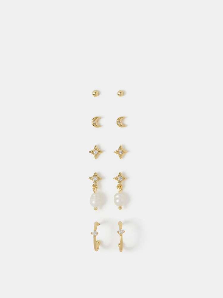 Accessorize 14ct Gold Pearl Stud & Hoop Earrings 5 Pack - Image 1 of 2