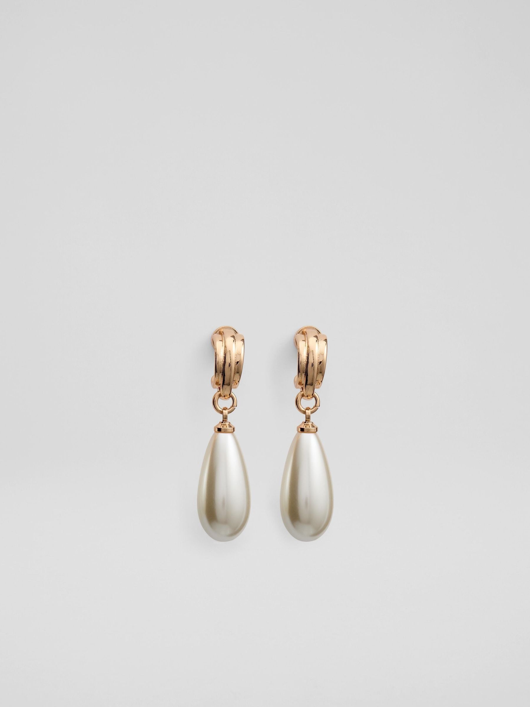 LK Bennett Gold Aria Metal Pearl Drop Hoop Earrings