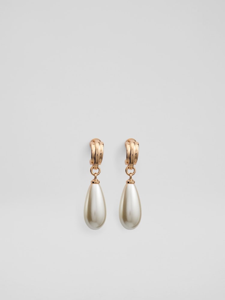 LK Bennett Gold Aria Metal Pearl Drop Hoop Earrings - Image 1 of 1