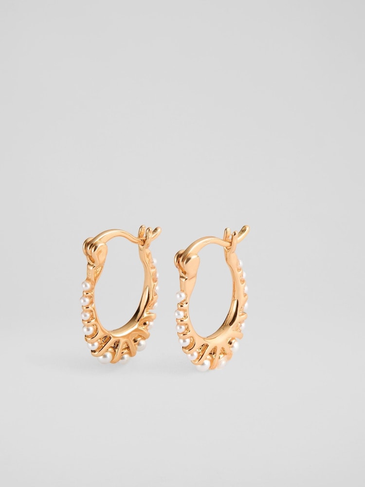 LK Bennett Gold Aria Metal Pearl Drop Hoop Earrings - Image 2 of 4
