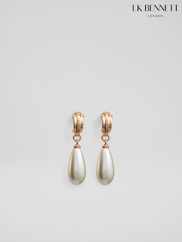 LK Bennett Gold Aria Metal Pearl Drop Hoop Earrings - Image 4 of 4