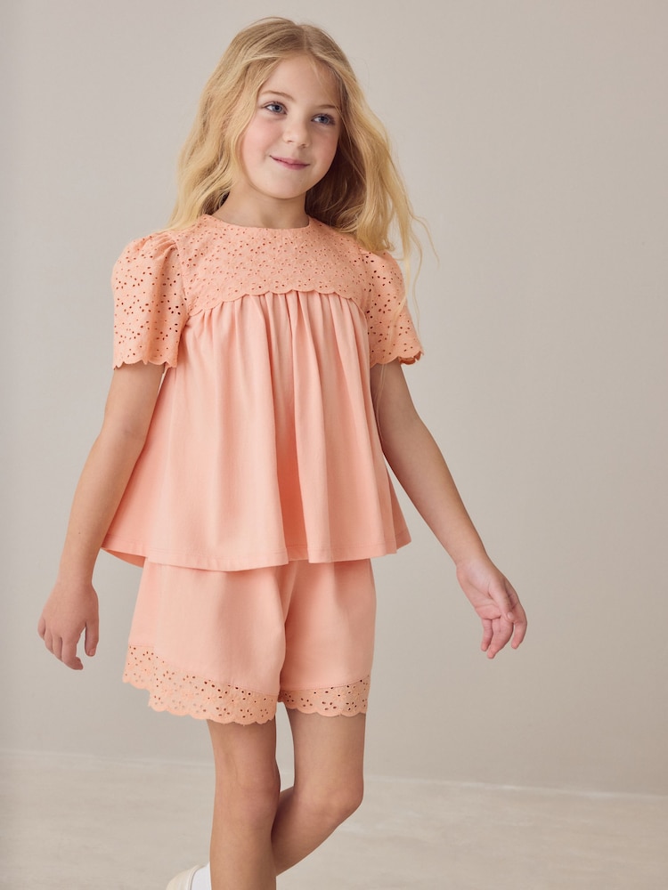 Laura Ashley Orange Broderie Anglaise Frill Top and Shorts Set - Image 1 of 10
