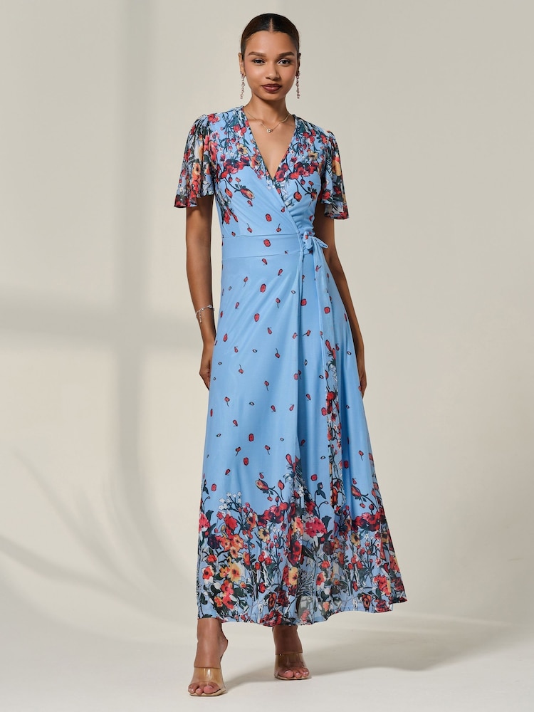 Jolie Moi Blue Floral Print Mirror Wrap Maxi Dress - Image 1 of 6