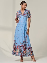 Jolie Moi Blue Floral Print Mirror Wrap Maxi Dress - Image 4 of 6
