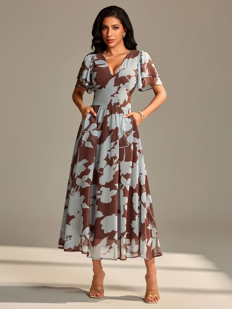 Jolie Moi Brown Layered Angel Sleeve Chiffon Maxi Dress - Image 1 of 6