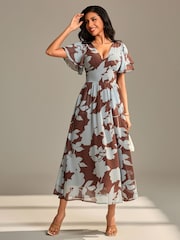 Jolie Moi Brown Layered Angel Sleeve Chiffon Maxi Dress - Image 4 of 6