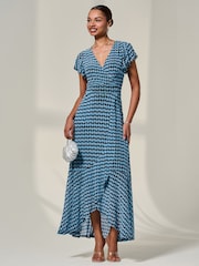 Jolie Moi Blue Printed Mesh Maxi Dress - Image 4 of 6