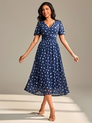 Jolie Moi Blue Flutter Sleeve Mesh Maxi Dress - Image 1 of 6