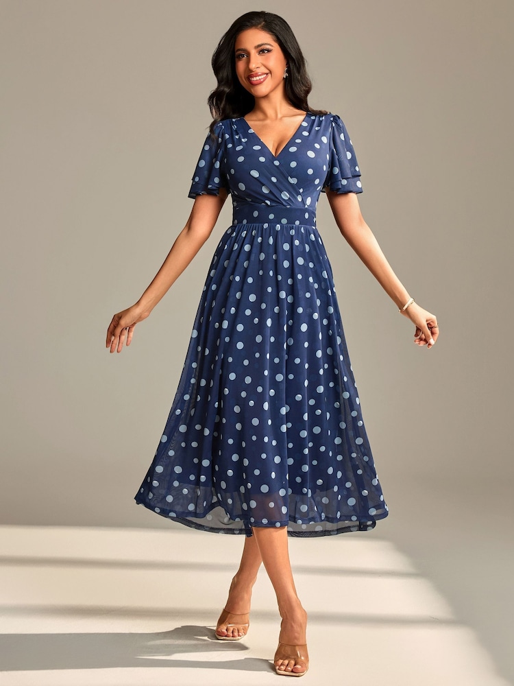 Jolie Moi Blue Flutter Sleeve Mesh Maxi Dress - Image 1 of 6