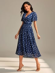 Jolie Moi Blue Flutter Sleeve Mesh Maxi Dress - Image 4 of 6