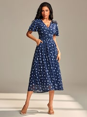 Jolie Moi Blue Flutter Sleeve Mesh Maxi Dress - Image 5 of 6