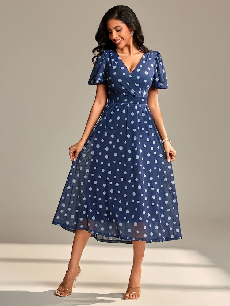 Jolie Moi Blue Flutter Sleeve Mesh Maxi Dress - Image 6 of 6