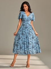 Jolie Moi Blue Flutter Sleeve Mesh Maxi Dress - Image 1 of 6