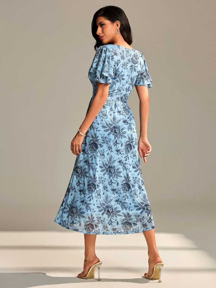 Jolie Moi Blue Flutter Sleeve Mesh Maxi Dress - Image 2 of 6
