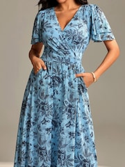 Jolie Moi Blue Flutter Sleeve Mesh Maxi Dress - Image 3 of 6