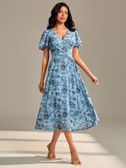 Jolie Moi Blue Flutter Sleeve Mesh Maxi Dress - Image 4 of 6